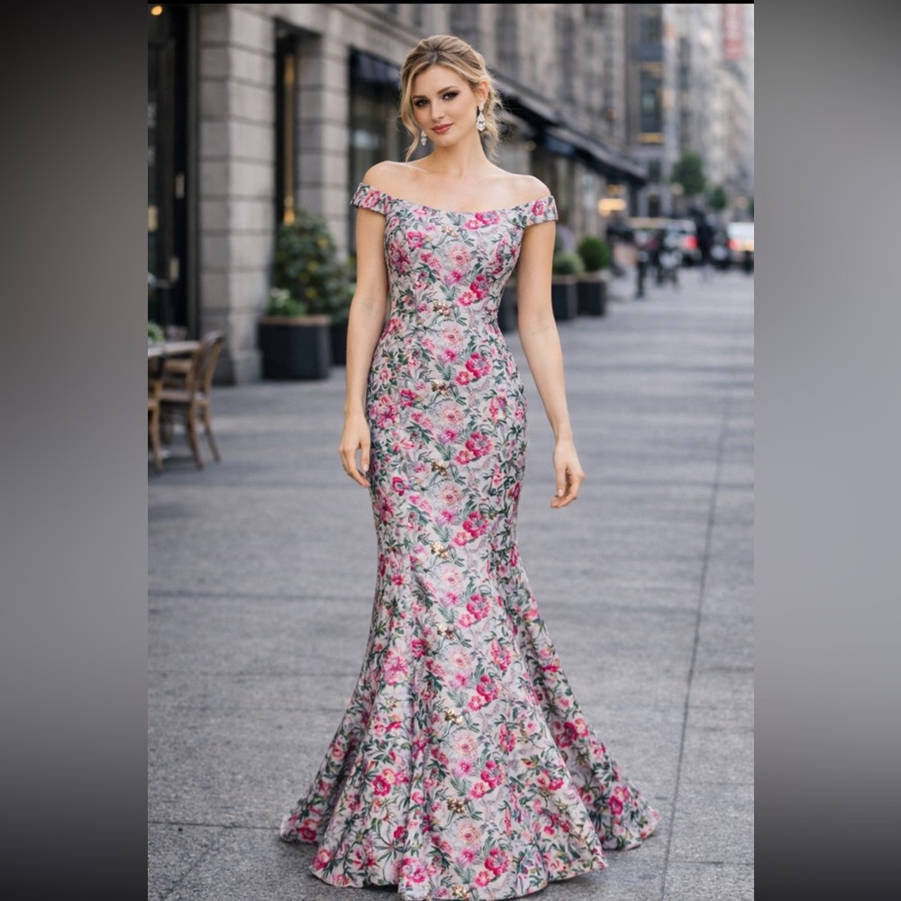 Aidan Mattox off the shoulder floral sleeveless long gown